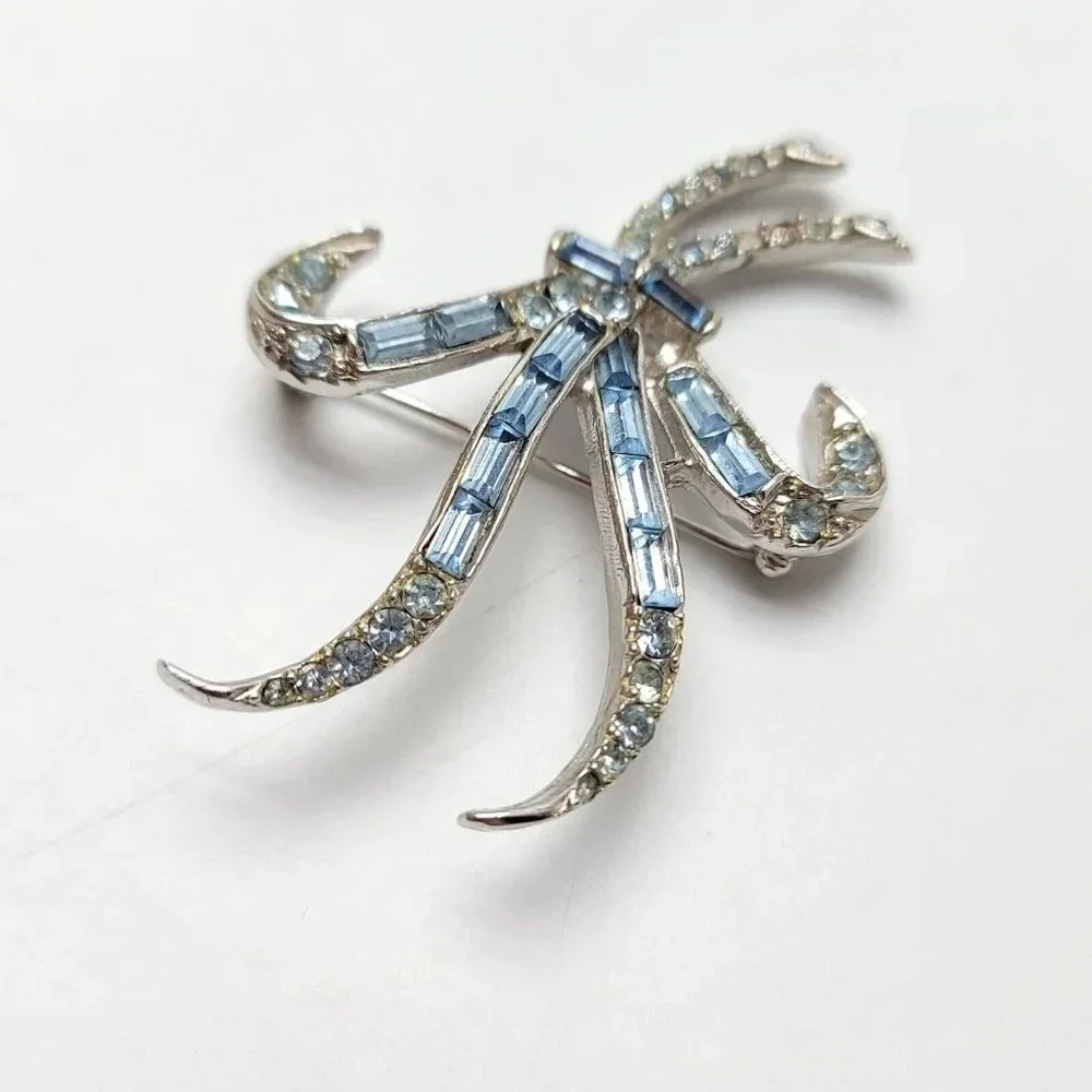 Blue Rhinestone Large Silver Tone Abstract Flower Vintage Brooch
